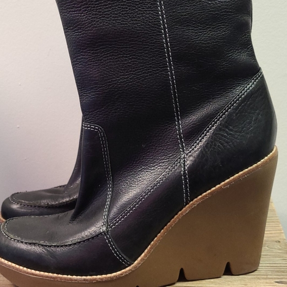 KORS Michael Kors Black Leather Wedge Boots 10 - Picture 8 of 14